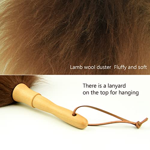 Lambswool Duster 14'' Length Solid Wooden Handle Leather Hang Strap for Cleaning Ceiling Fans Window Blinds Computer Furniture Figurines TV Natural Feather Duster,Brown - color: Brown, size: 14 Inch