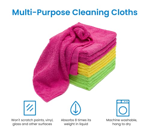 Microfiber Cleaning Cloths - Reusable and Washable - Multi Purpose Indoor/Outdoor Cleaning/Dusting/Polishing on Kitchen/Bathroom/Auto Surfaces (12 Pack/High Grammage)