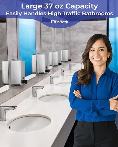 Commercial Soap Dispenser Wall Mount (37oz), Heavy Duty, Stainless Steel Manual Soap Dispenser with Corrosion Proof Lining and Anti-Leak, Patent-Pending Pump Design for Industrial or Home Bathroom - size: 1-Pack