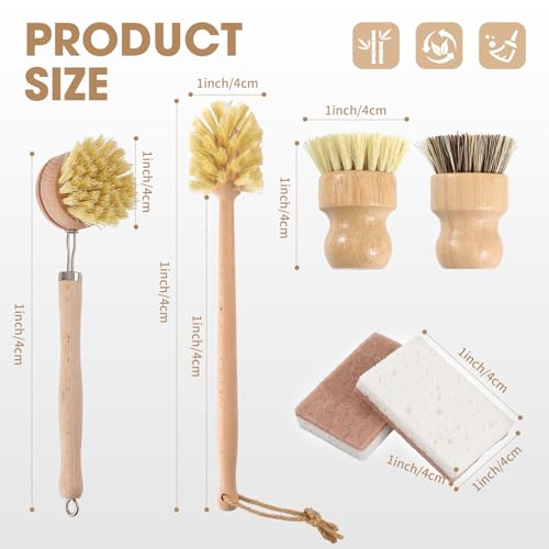 6 Pack Bamboo Dish Brush & Sponge Set, Wooden Handle Kitchen Scrub Brushes with Natural Sisal & Palm Fiber Heads, Multi-Purpose Dishwashing Cleaner for Dishes, Pots, Bottles, Vegetables