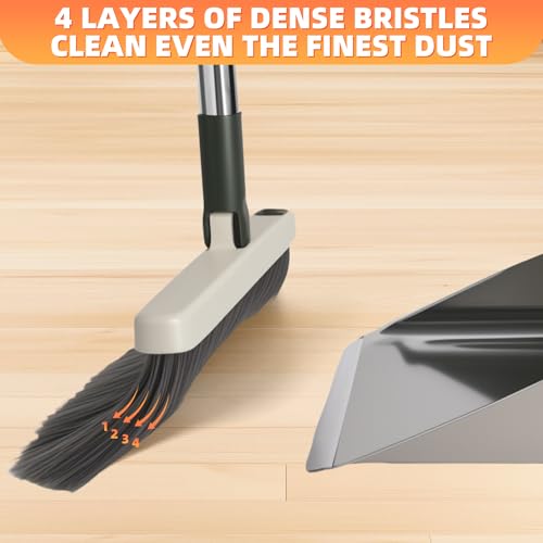 Broom with Dustpan Combo Set, Heavy Duty Standing Metal Dust Pan with Teeth, Indoor Outdoor Up for Home Kitchen Lobby Room Office, Green - color: Green