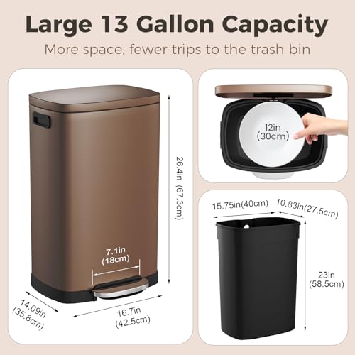 ELPHECO LPHECO Kitchen Trash Can with Lid Soft Close, 13 Gallon / 50L Stainless Steel Pedal Garbage Can, Heavy-Duty Step Wastebasket with 20 Bags, Removable Bucket, Home Office, Kitchen, Brown - color: Brown