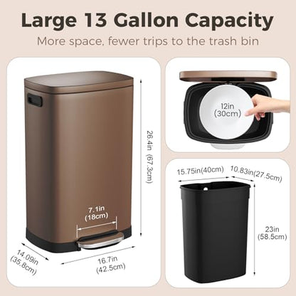 ELPHECO LPHECO Kitchen Trash Can with Lid Soft Close, 13 Gallon / 50L Stainless Steel Pedal Garbage Can, Heavy-Duty Step Wastebasket with 20 Bags, Removable Bucket, Home Office, Kitchen, Brown - color: Brown