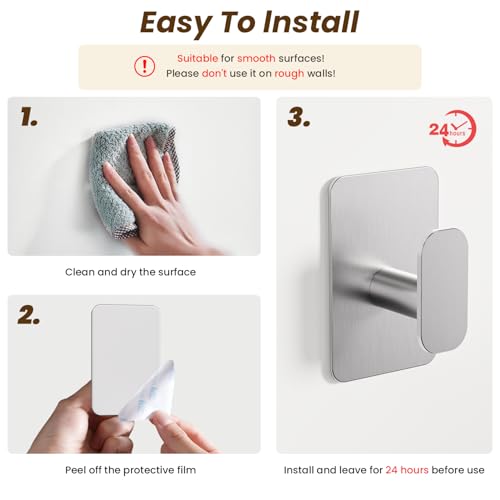 Large Heavy Duty Wall Hooks - 26lb Max, Stainless Steel Adhesive Towel Hooks for Hanging Towel, Coat, Robe, Hat, Sticky Towel Holder for Wall Mount in Bathroom, Shower, Kitchen(Silver, 4 Pack) - color: Silver