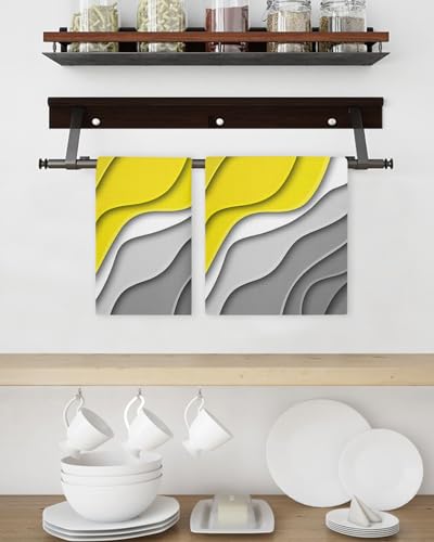 Geometric Hand Towels Set,Waffle Weave Kitchen Towels 2 Pieces,Microfiber Hair Face Bath Tea Towel Absorbent Quick Drying Cleaning Dish Cloths,Modern Ombre Yellow Grey Abstract Art White 15.7"x23.6" - color: Yellow, size: 2PCS,15.7"x23.6"