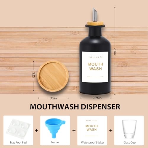 11.8OZ Glass Mouthwash Dispenser for Bathroom with Stainless Steel & Bamboo Nozzle, Mouthwash Cup Reusable, Bamboo Tray, and Elegant Gold Sticker.(Black) - color: Black/350*1