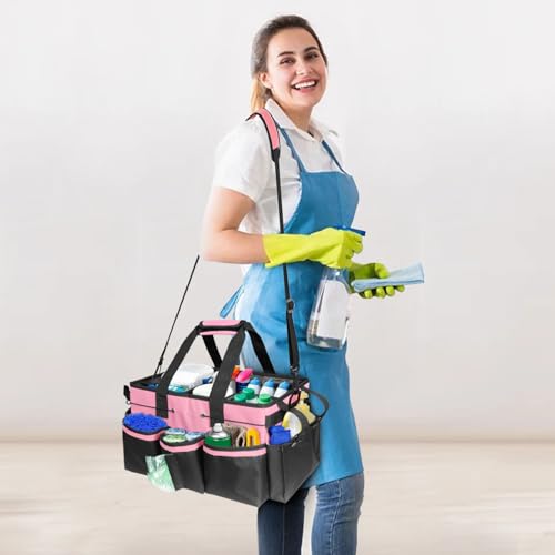 Grekos Large Cleaning Caddy Bags, Cleaning Caddy Suppliers Organizer with 4 Detachable Divider, Supply Caddy With Adjustable Shoulder Strap & Waist Belt For Housekeepers, Home, Car(Pink) - color: Pink