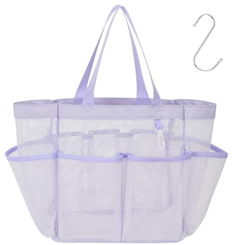 F-color Mesh Shower Caddy Portable, Upgrade Deeper 7 Pockets Shower Bag Basket Tote for College Dorm Room Toiletry Bathroom Essentials Gym Camp Quick Dry 2 handles with S Hook, Purple - color: Purple, size: L (Classic Dorm Caddy)
