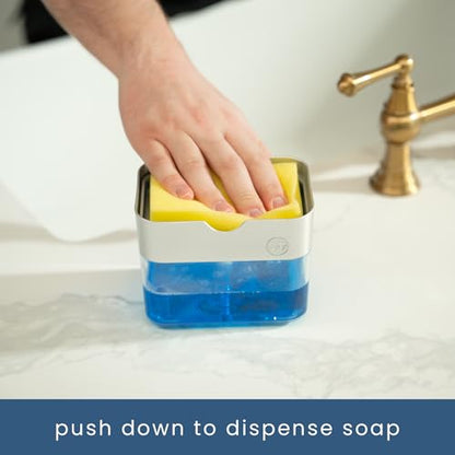 S&T INC. Dish Soap Dispenser and Sponge Holder for Kitchen Sink with Enhanced Features, Sponge Included, 13 Ounces, Silver - color: Silver