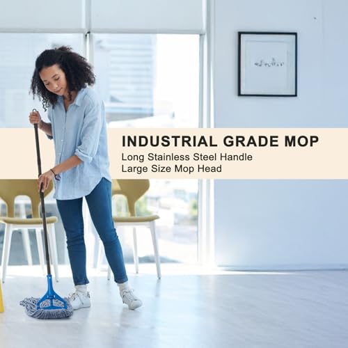 Commercial Industrial Mop with 3 Extra Large Reusable Replacement Head,59" Long Handle Heavy Duty Wet Mops,Looped-End String Cotton Mop for Floor Cleaning,House,Kitchen,Office,Garage,Tile(Blue) - size: Blue Handle + 3 Mop Head