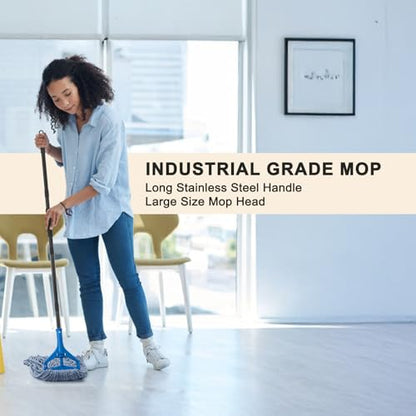 Commercial Industrial Mop with 3 Extra Large Reusable Replacement Head,59" Long Handle Heavy Duty Wet Mops,Looped-End String Cotton Mop for Floor Cleaning,House,Kitchen,Office,Garage,Tile(Blue) - size: Blue Handle + 3 Mop Head