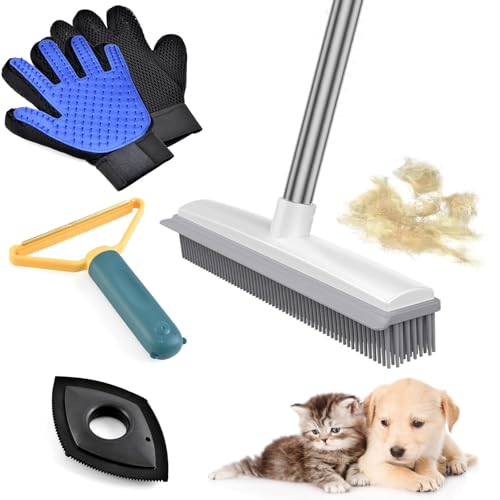 Enmaipet Carpet Rake for Pet Hair Removal, Reusable Pet Hair Remover with 48” Adjustable Long Handle, Pet Hair Remover Gloves, Dog Hair Rake Brush for Rugs, Mats, Couch, Furniture