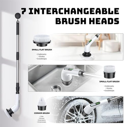 Highyes Electric Spin Scrubber, Powerful 2-Speed Cleaning Brush, IPX7 Waterproof with 7 Reusable Brush Heads & Extendable Handle, for Bathroom Toilet Shower Kitchen Wall Tile Floor Grout (White)
