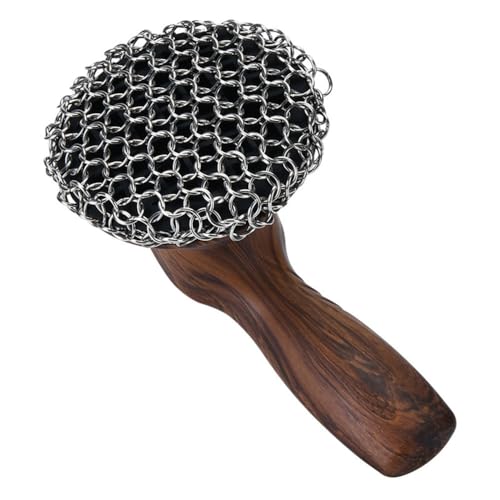Cast Iron Cleaner, Stainless Steel Cast Iron Scrubber with Silicone Handle, Portable Kitchen Cleaning Brush for Kitchen Pots Pans Sink - color: Brown