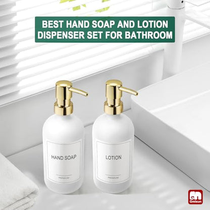 GMISUN White Soap Dispenser, 2 Pack Glass Hand Soap Dispensers Bathroom with Gold Pump, 17 Fl Oz Dish Soap Dispenser Set for Kitchen, Refillable Modern Liquid Soap and Lotion Dispensers Bottle - color: White Bottle + Golden Pump