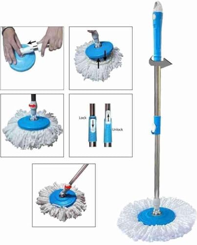 ( 2 Sink Wipper Free ) Indian Home and Kitchen Stainless Spin Mop Stick for Floor Cleaning Without Bucket Telescopic Handle, Microfiber Head, Blue and White