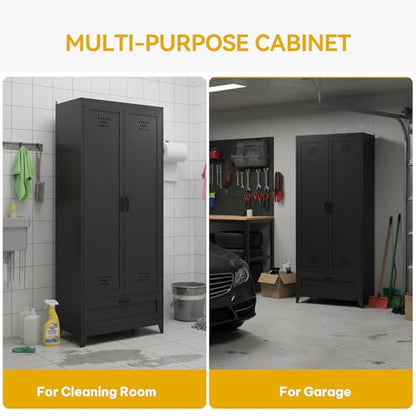 DWVO Metal Garage Storage Cabinet with Pegboard, 71" Tall Broom Cabinet with Lights, Adjustable Shelves, Heavy Duty Tool Storage Cabinet for Garage, Cleaning Room, Gym