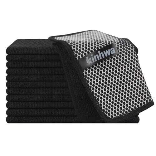 KinHwa Kitchen Washcloths for Dishes Absorbent Microfiber Dish Cloths Quick Dry Dish Rags with Poly Scour Scrub Side Ideal for Kitchen Cleaning (Black, 7inchx7inch 12 Pack) - color: Black, size: 7inchx7inch 12 Pack