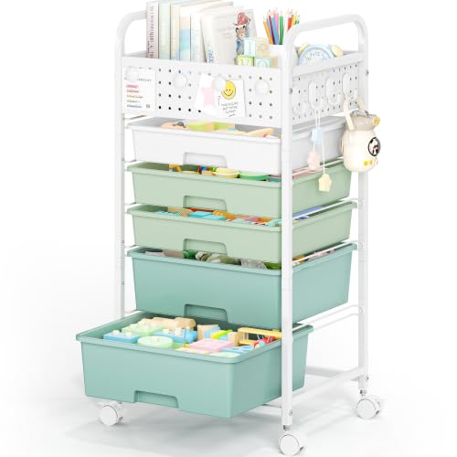 5 Drawer Rolling Storage Cart with Pegboard Top and Hooks, Mobile Organizer Cart with Wheels for Office Supplies, Craft Storage, Classroom Organization, Home Utility Cart, Gradient Green - color: Gradient Green, size: 5-Drawers