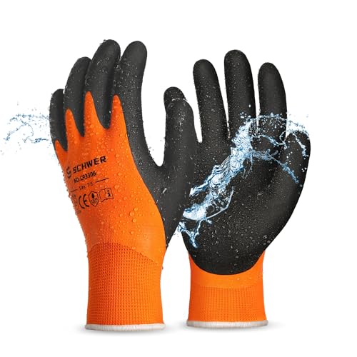 Schwer 2 Pairs Waterproof Work Gloves for Men and Women CR3306, Gardening Gloves with Double Latex Coated, Non-slip Working Gloves, Outdoor Construction, Car and Fish Cleaning, No Fleece Lining, S - color: Waterproof Orange, size: Small
