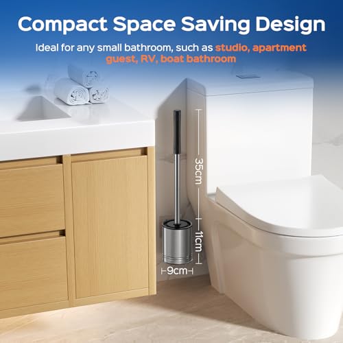 HAMITOR Toilet Bowl Brush Set: Compact Space-Saving Design with Hidden Holder for Small Bathrooms, Apartments & RVs - Bathroom Cleaning Accessories - Rustproof Toilet Scrubber Cleaner Kits Silver - color: Silver