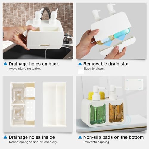 Kitchen Soap Dispenser Set, with Hand and Dish Soap, Sponge Caddy and Brush Holder 4-in-1 Kitchen Dual Soap Dispenser Set for Kitchen Sink, Bathroom - White - color: White