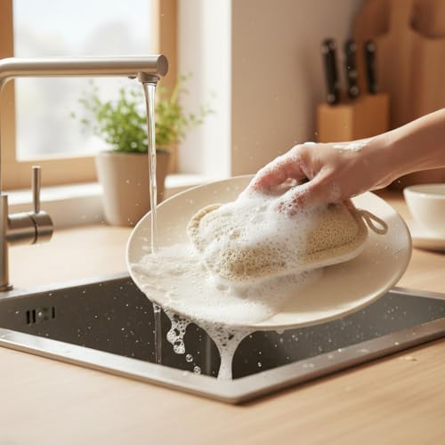 Loofah Dish Sponge Set, 5 Piece Kitchen Cleaning Kit with 4 Dual-Sided Scrub Sponges and 1 Long Handle Bottle Brush for Kitchen and Household Cleaning