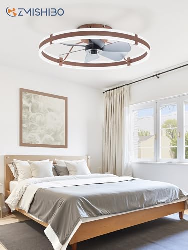 ZMISHIBO 24 Inch Ceiling Fans with Lights and Remote, Modern Low Profile Ceiling Fan, 3000-6000K Dimmable Flush Mount LED Fan Light, 6 Wind Speeds, Fandelier Ceiling Fans for Bedroom- Brown - color: Brown, size: 24 INCH