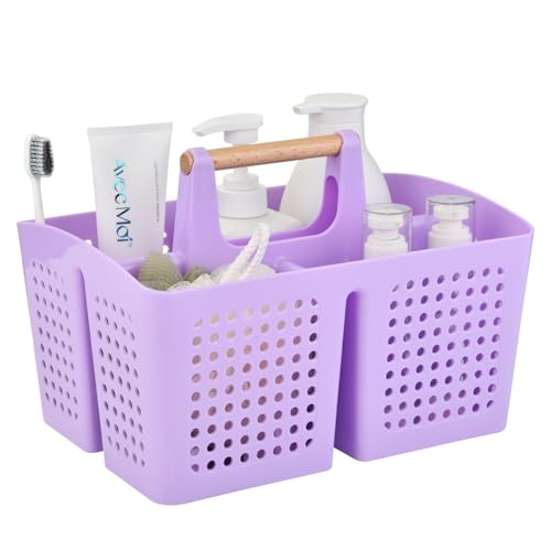 Portable Shower Caddy Basket with Wood Handle, 3-Compartment Bathroom Organizer Tote with Drain Holes, Plastic Shower Basket for Dorm, Toiletries, Cleaning Supplies, Purple - color: Purple