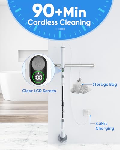 Electric Spin Scrubber with Big Display, Fast Charging Cordless Cleaning Brush with Adjustable Long Handle, 2 Speeds & 4 Replaceable Brush Heads, 1.5H Runtime Shower Scrubber for Deep Cleaning