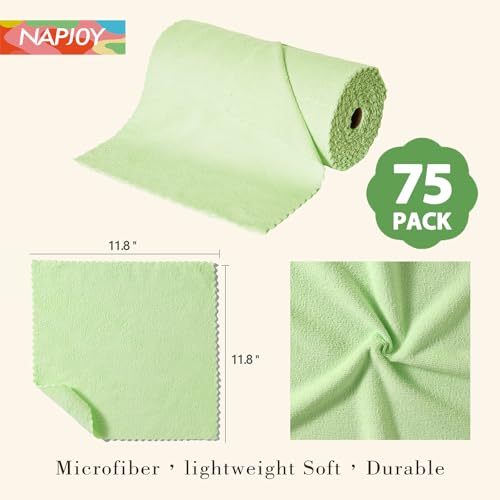 Napjoy Microfiber Cleaning Cloth Roll, 75PK Easy Tear Away Reusable Paper Towels, 12" x 12", Lint-Free and Scratch-Free with Patented Fiber Technology Microfiber Towel Roll, Green - color: Green