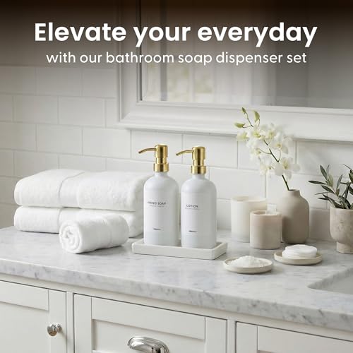 MaisoNovo Soap and Lotion Dispenser Set - Bathroom Soap Dispenser Set with White Soap Dispenser, Gold Pumps & Ceramic Tray - color: White Bottles/ Golden Pumps/ White Ceramic Tray