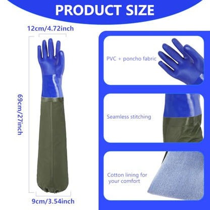 AUAUY 27" PVC Chemical Resistant Gloves, Rubber Gloves Heavy Duty, Waterproof Reusable Long Sleeve Glove for Cleaning - color: Blue