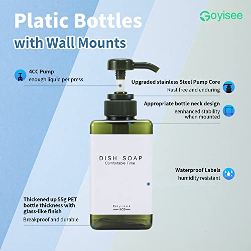Plastic Refillable Hand Soap Dispenser Modern Square Pump Bottle for Bathroom Vanities or Kitchen Sink, Countertops - 3 Packs with Waterproof Label(Green) - color: 3 Bottles-green