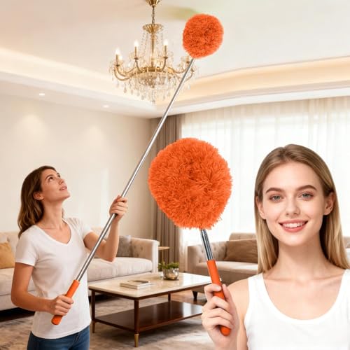 Extendable Microfiber Duster, Telescoping Dusting Brush for Home and Car Cleaning, Adjustable Length, Soft and Flexible - color: Round Orange