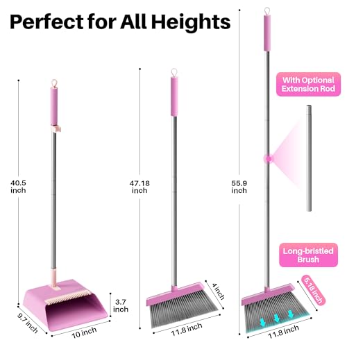 JOYMOOP Pink Broom and Dustpan Set, Upright Angle with Built-in Comb Teeth for Kitchen, Lobby, Pet Hair and Hard Floors - color: Lavender Pink & Sakura Pink
