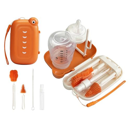 Baby Travel Bottle Brush Set, Baby Bottle Cleaning Kit, Baby Bottle Cleaner Brush Set, 7 in 1, Orange