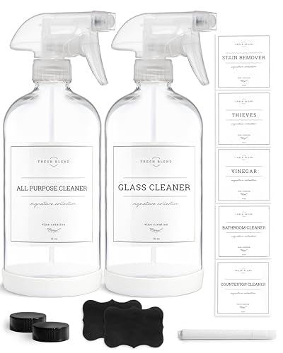 Vine Creations Glass Spray Bottles, 2 Pack Refillable Spray Bottles for Cleaning Solutions, Clear Spray Bottle for plants, Water Spray Bottle Sprayer, Glass Spray bottles 16 oz with Waterproof Labels - color: Clear Bottle / Clear Nozzle