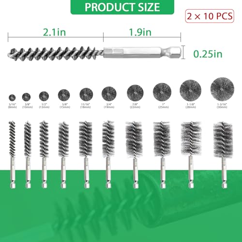 Wayona 20PCS Hand-Twisted Stainless Steel Bore Brush Set & Deep Reaching Wire Brush, 1/4" Hex Shank Drill Attachment for Rust Removal and Cleaning (8,10,13,15,17,19,22,25,28,30mm, Each Size 2Pcs)