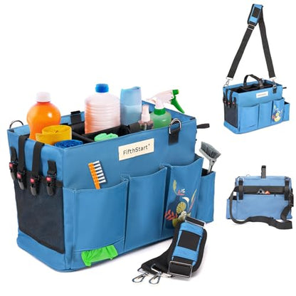 Multiuse Cleaning Caddy with Waist, Shoulder Strap 9 Pockets, Mesh Base & Adjustable Compartments - Cleaning Caddy - Cleaning Supplies Organizer (Blue, Small) - color: Blue, size: Small