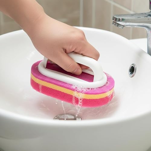 Ergonomic Cleaning Brush with Shower Sponge, Multi-Purpose Scrubber for Bathroom, Kitchen, Bathtub, Toilet, Efficient Deep Cleaning Tool,Red - color: Red