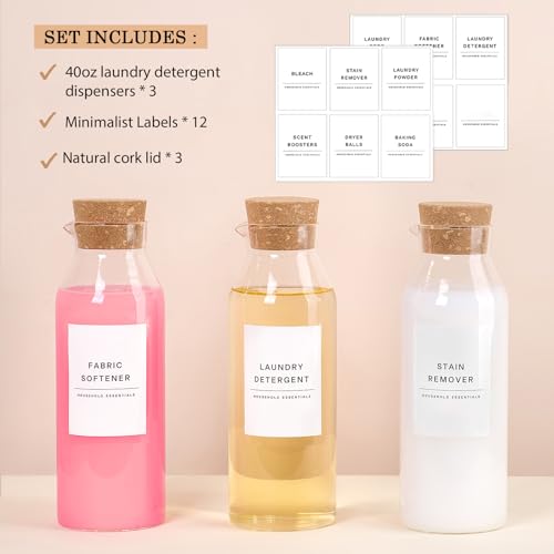 Glass Laundry Detergent Dispenser Set with Cork Lids, Fabric Softener Dispenser, Easy Pour 3 Pack Laundry Bottles, Liquid Detergent Containers, Scent Booster & Bleach Container for Laundry Room - size: 3 Bottles