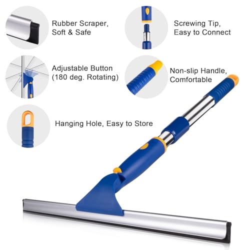 BITOPE 14 inch Shower Squeegee for Glass Door with 2pcs Rubber Refills Extension Handle Window Car Windshield Cleaner Tool for Cleaning Shower Door Mirrors Tile Walls Bathroom RVs