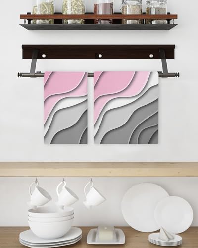Geometric Pink Hand Towels Set,Waffle Weave Kitchen Towels 2 Pieces,Microfiber Hair Face Bath Tea Towel Absorbent Quick Drying Cleaning Dish Cloths,Abstract Ombre Grey White Modern Art 15.7"x23.6" - color: Pink, size: 2PCS,15.7"x23.6"