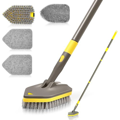 NEWE Shower Cleaner Brush, Tub Tile Scrubber with Telescopic Long Handle 56 inches, 4 Scrub Heads for Cleaning Bathroom Bathtub Floor Baseboard Sink Kitchen Toilet (Brown Yellow) - color: Brown Yellow