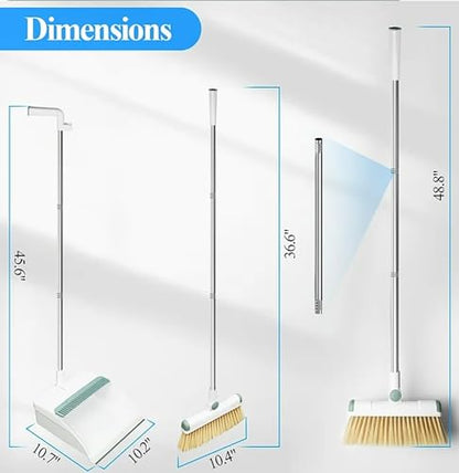Broom and Dustpan Set 50" Long Handle Foldable Stand Up Broom and Dustpan with Comb Teeth for Indoor & Outdoor Sweeping Home Dog Cat Pets (White) - color: White