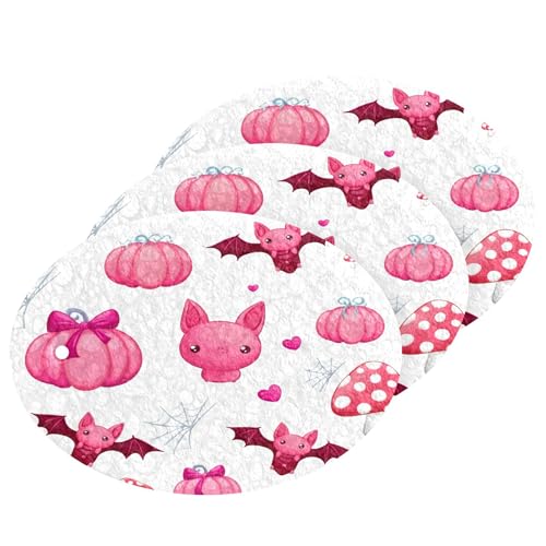 Pink Bats Pumpkins Scrub Sponge 3 Pack, Absorbent Cleaning Sponges for Dishes Pots Pans Kitchen, Non-Scratch Scrubber