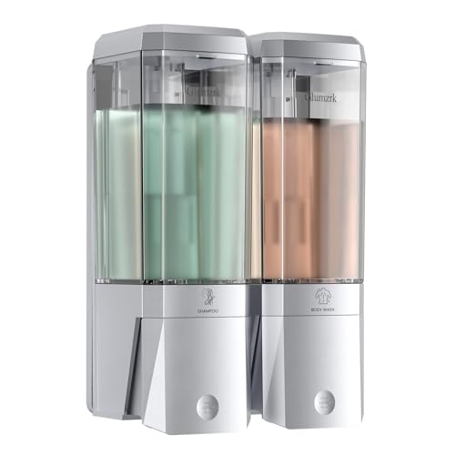 Shampoo and Conditioner Dispenser 2 Chamber No Drill Shower Soap Dispenser Wall Mounted Shampoo Conditioner Body Wash Dispenser 2 * 500ml Refillable Shower Dispenser for Bathroom Hotel, Silver - color: Silver 2 Chamber