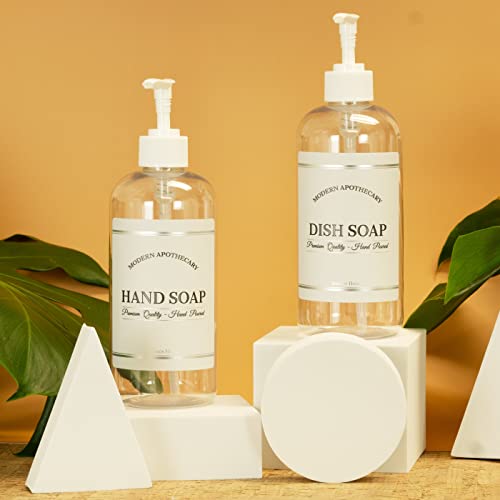 Clear Refillable Hand and Dish Soap Dispenser Set with Pumps for Kitchen Sink - PET Plastic Soap Bottles Refillable with Pump - Waterproof Labels - 16 oz, 2 Pack (White Plastic) - color: White Pumps