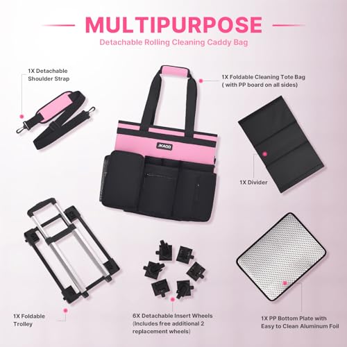 JKAOO Large Rolling Cleaning Caddy Bag with Detachable Trolley, Pink | Waterproof Cleaning Caddy with Wheels, 40L Wheeled Organizer Cart for Supplies, Housekeepers, Home, Office, Car, Picnic - color: Pink